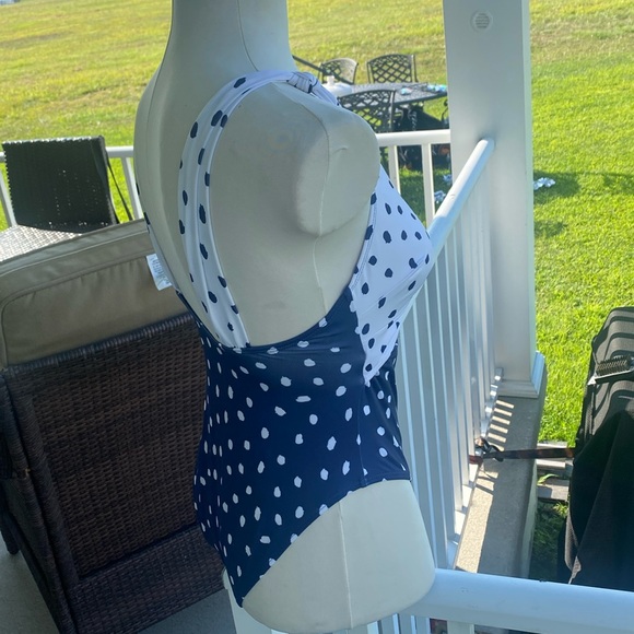 ASOS DESIGN loop front swimsuit with knot in navy polka dot spot medium NWOT - Picture 4 of 9